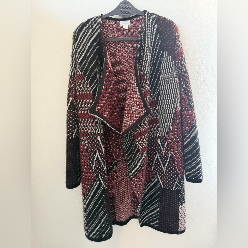 Caslon Wool Blend Patchwork Open Front Cardigan Sweater Medium Burgundy black - Picture 9 of 10